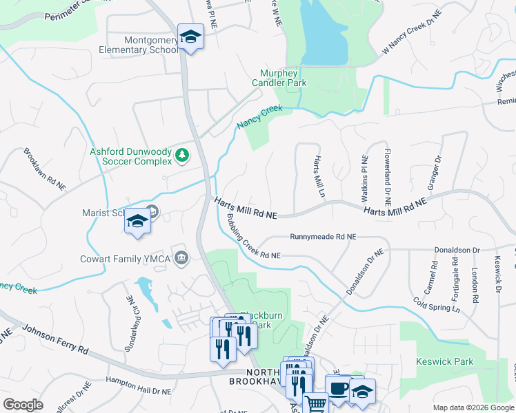 map of restaurants, bars, coffee shops, grocery stores, and more near 1497 Harts Mill Road Northeast in Atlanta