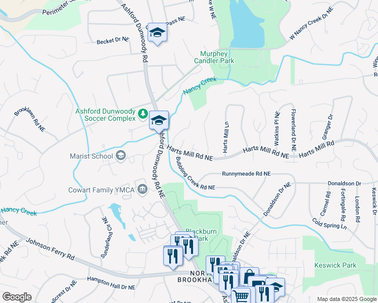 map of restaurants, bars, coffee shops, grocery stores, and more near 4022 Newhaven Circle Northeast in Atlanta