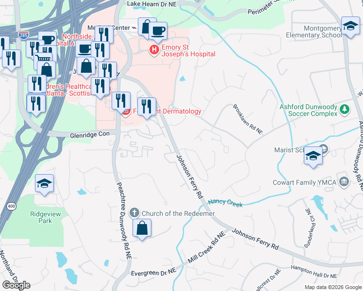 map of restaurants, bars, coffee shops, grocery stores, and more near 1025 Wescott Lane Northeast in Atlanta