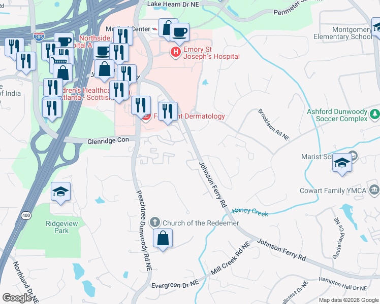 map of restaurants, bars, coffee shops, grocery stores, and more near 1025 Wescott Lane Northeast in Atlanta