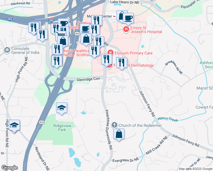 map of restaurants, bars, coffee shops, grocery stores, and more near 5385 Peachtree Dunwoody Road in Sandy Springs