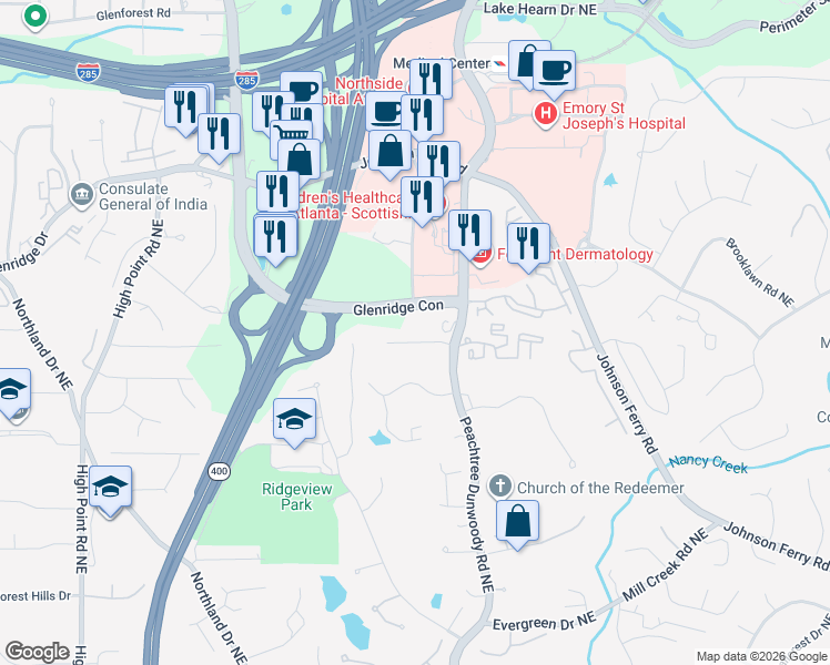 map of restaurants, bars, coffee shops, grocery stores, and more near 985 Clementstone Drive Northeast in Atlanta