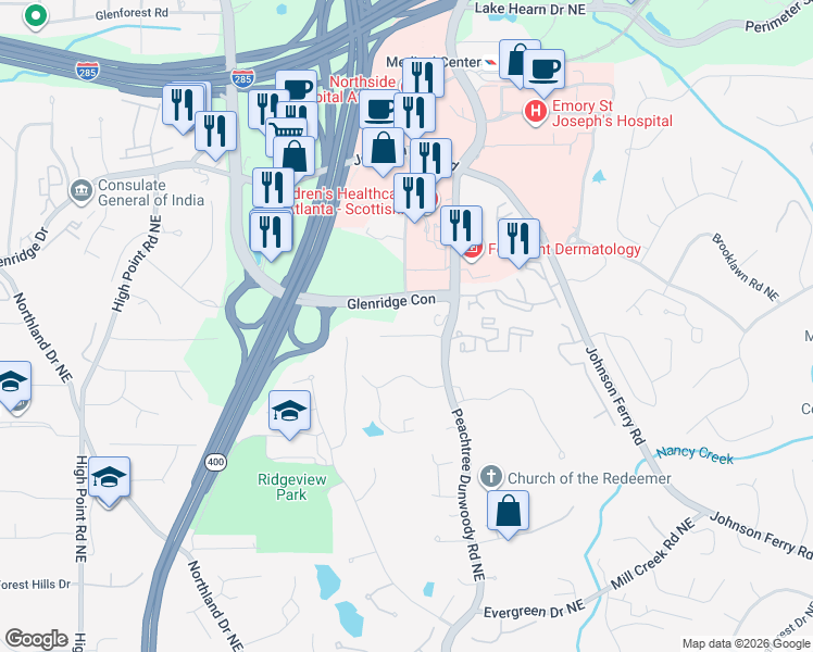 map of restaurants, bars, coffee shops, grocery stores, and more near 985 Clementstone Drive Northeast in Atlanta