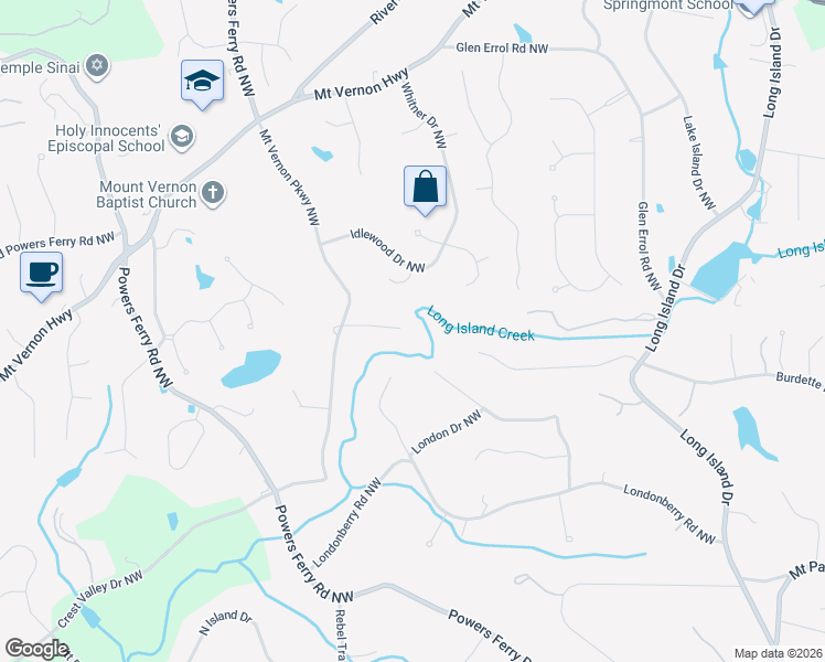 map of restaurants, bars, coffee shops, grocery stores, and more near 610 Colebrook Court Northwest in Atlanta