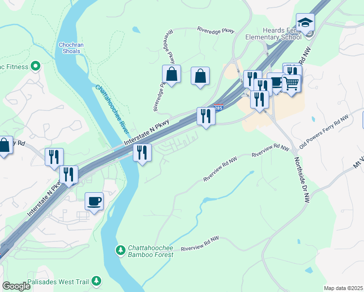 map of restaurants, bars, coffee shops, grocery stores, and more near 410 River Vista Drive in Atlanta