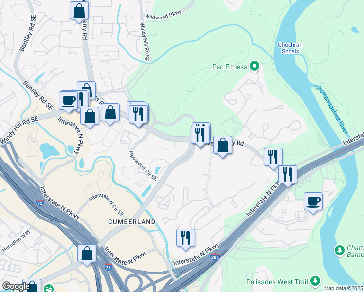map of restaurants, bars, coffee shops, grocery stores, and more near 510 Windy Ridge Parkway Southeast in Atlanta
