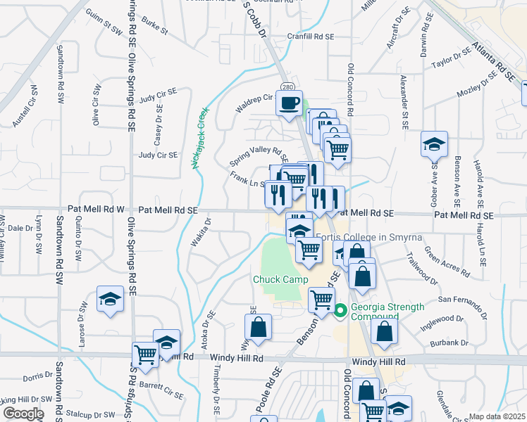 map of restaurants, bars, coffee shops, grocery stores, and more near 248 Pat Mell Road Southeast in Marietta