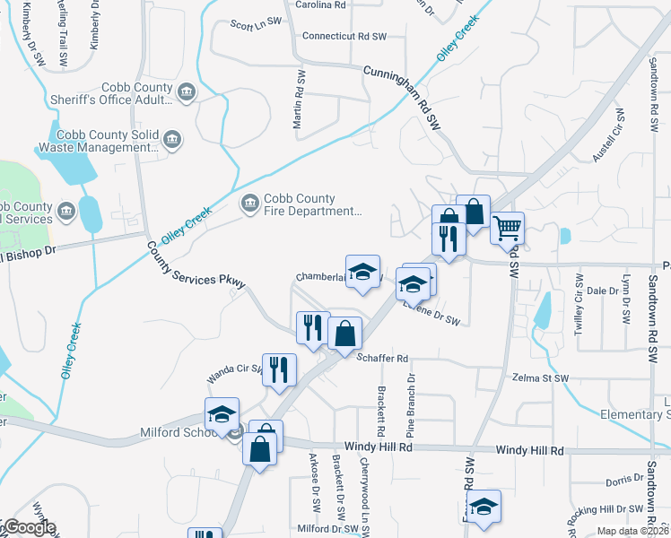 map of restaurants, bars, coffee shops, grocery stores, and more near 683 Chamberlain Circle Southwest in Marietta