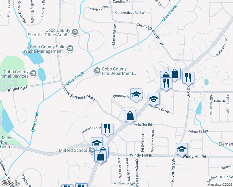 map of restaurants, bars, coffee shops, grocery stores, and more near 733 Chamberlain Circle Southwest in Marietta