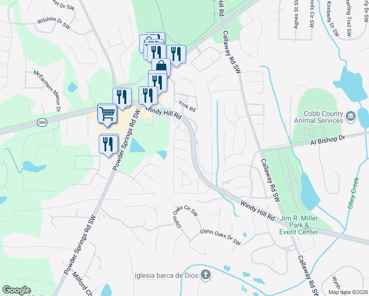 map of restaurants, bars, coffee shops, grocery stores, and more near 741 Holly Circle Southwest in Marietta