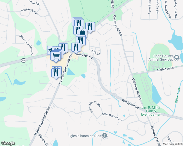 map of restaurants, bars, coffee shops, grocery stores, and more near 741 Holly Circle Southwest in Marietta
