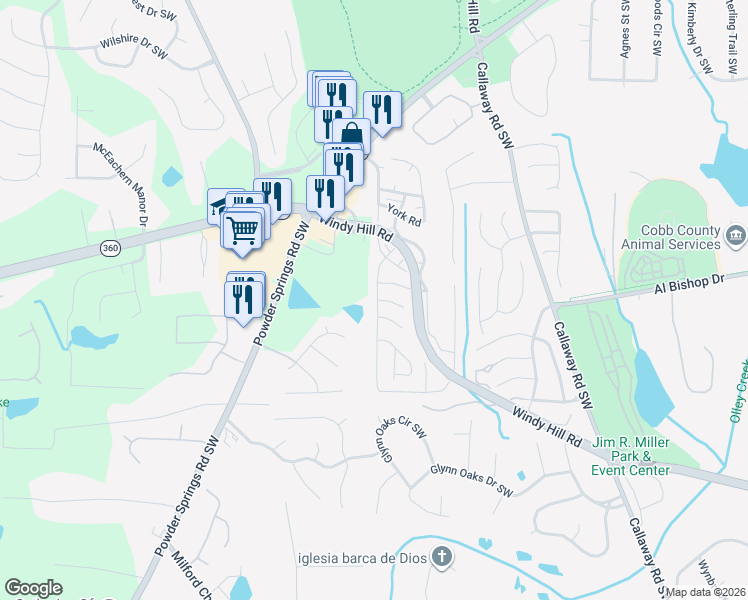 map of restaurants, bars, coffee shops, grocery stores, and more near 728 Shady Lane in Marietta
