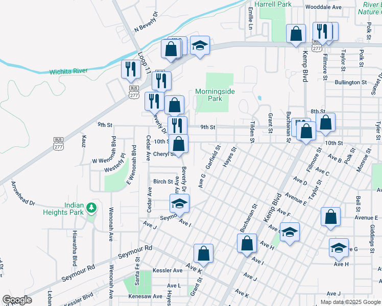 map of restaurants, bars, coffee shops, grocery stores, and more near 1516 Westlake Drive in Wichita Falls