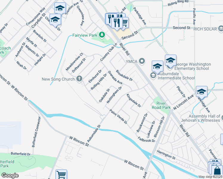 map of restaurants, bars, coffee shops, grocery stores, and more near 1033 Oakdale Street in Corona