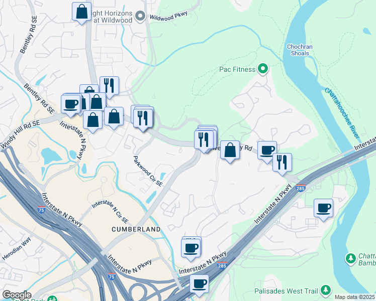 map of restaurants, bars, coffee shops, grocery stores, and more near 2020 Powers Ferry Road in Atlanta