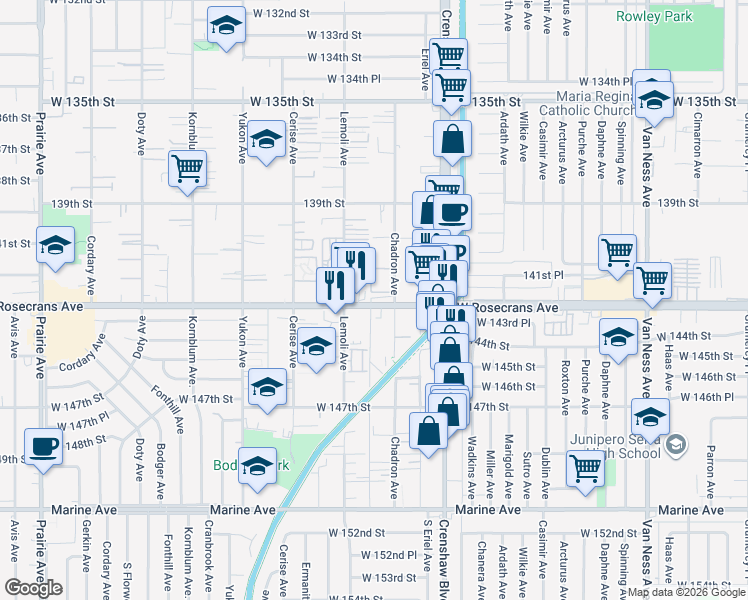 map of restaurants, bars, coffee shops, grocery stores, and more near 14311 Chadron Avenue in Hawthorne