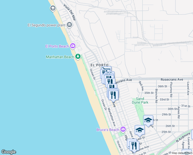 map of restaurants, bars, coffee shops, grocery stores, and more near 122 El Porto Street in Manhattan Beach