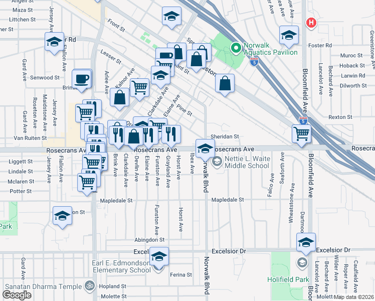 map of restaurants, bars, coffee shops, grocery stores, and more near 14322 Ibex Avenue in Norwalk