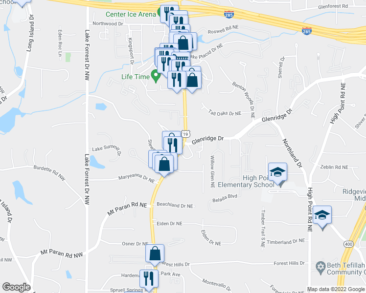 map of restaurants, bars, coffee shops, grocery stores, and more near Roswell Rd NE & Glenridge Dr NE in Sandy Springs