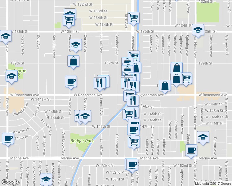 map of restaurants, bars, coffee shops, grocery stores, and more near 3225 West Rosecrans Avenue in Hawthorne