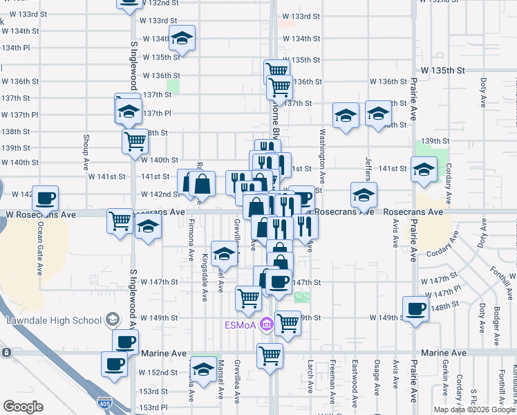 map of restaurants, bars, coffee shops, grocery stores, and more near 4419 West Rosecrans Avenue in Hawthorne