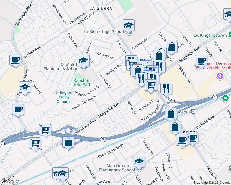map of restaurants, bars, coffee shops, grocery stores, and more near 3825 Golden Avenue in Riverside