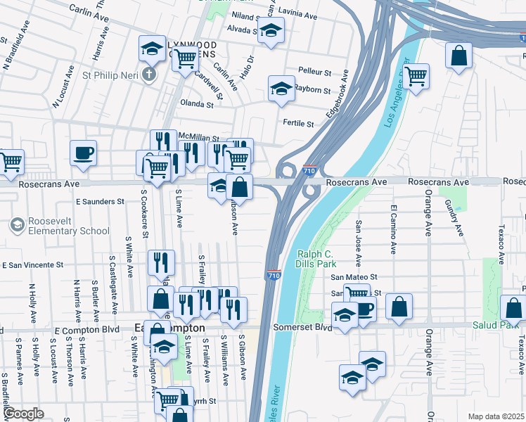 map of restaurants, bars, coffee shops, grocery stores, and more near 4949 East San Carlos Street in Compton