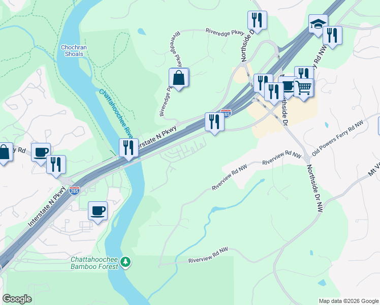 map of restaurants, bars, coffee shops, grocery stores, and more near 410 River Vista Drive in Atlanta
