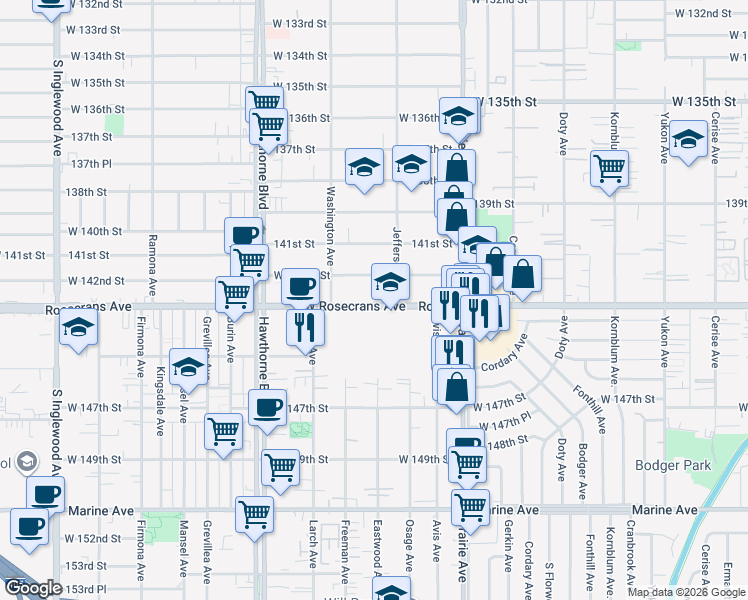 map of restaurants, bars, coffee shops, grocery stores, and more near 4141 West Rosecrans Avenue in Hawthorne