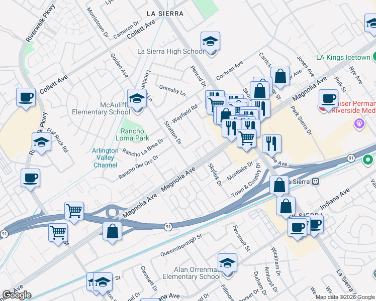 map of restaurants, bars, coffee shops, grocery stores, and more near 3825 Golden Avenue in Riverside