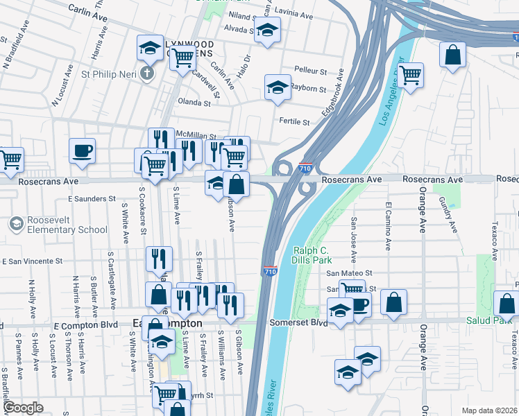 map of restaurants, bars, coffee shops, grocery stores, and more near 4949 East San Carlos Street in Compton