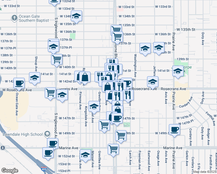 map of restaurants, bars, coffee shops, grocery stores, and more near 4419 West Rosecrans Avenue in Hawthorne