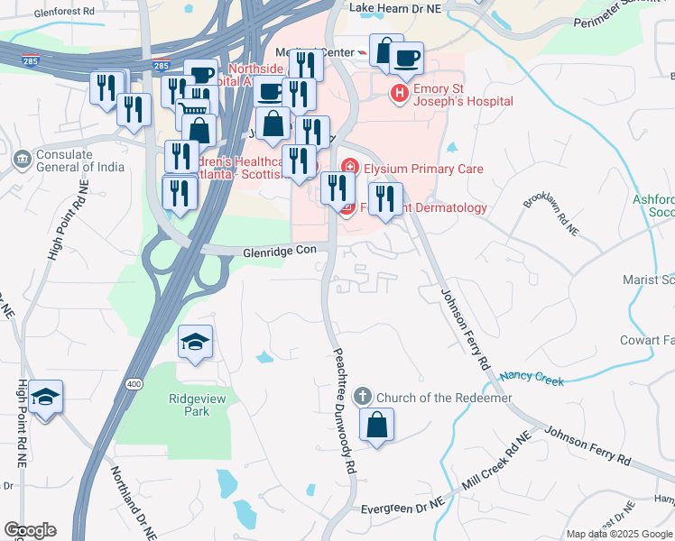 map of restaurants, bars, coffee shops, grocery stores, and more near 5385 Peachtree Dunwoody Road in Sandy Springs