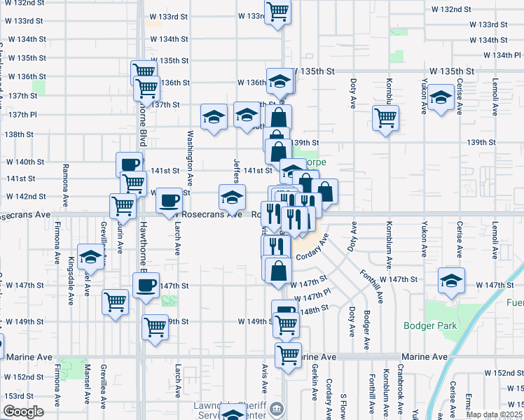 map of restaurants, bars, coffee shops, grocery stores, and more near 4051 Rosecrans Avenue in Hawthorne