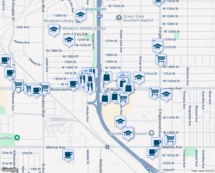 map of restaurants, bars, coffee shops, grocery stores, and more near 5155 Rosecrans Avenue in Hawthorne