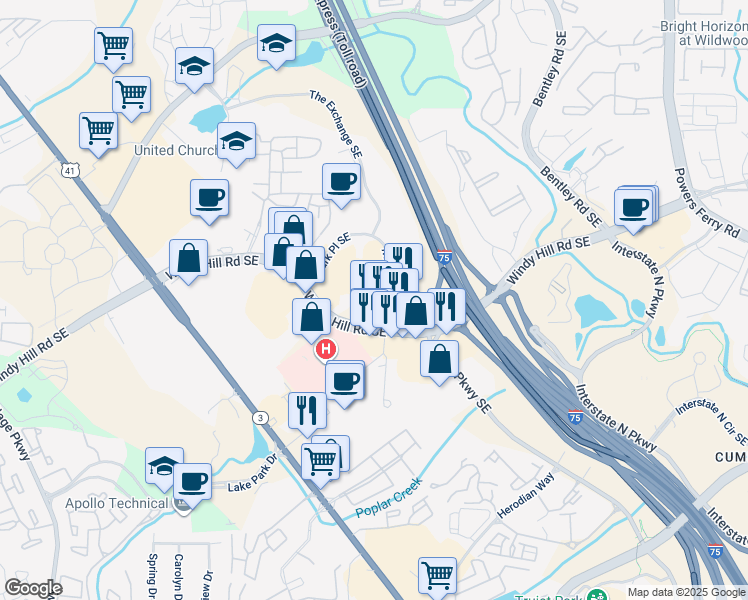 map of restaurants, bars, coffee shops, grocery stores, and more near 2661 Windy Hill Road Southeast in Marietta