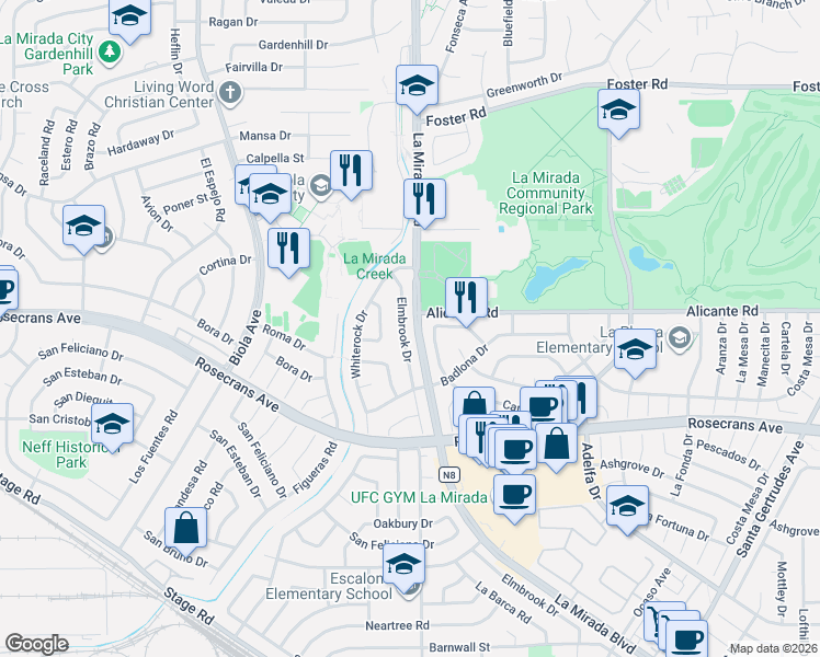 map of restaurants, bars, coffee shops, grocery stores, and more near 14115 Elmbrook Drive in La Mirada