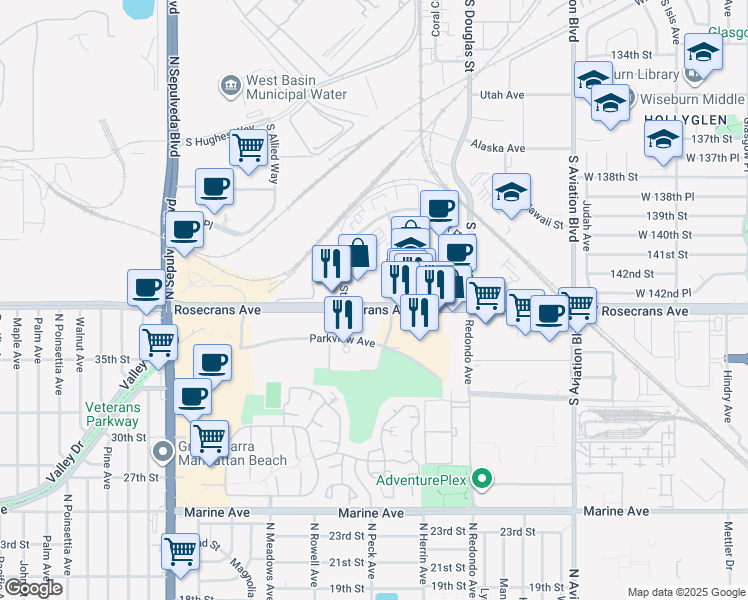 map of restaurants, bars, coffee shops, grocery stores, and more near 2121 Rosecrans Avenue in El Segundo