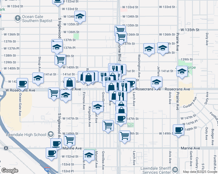 map of restaurants, bars, coffee shops, grocery stores, and more near 4451 West Rosecrans Avenue in Hawthorne