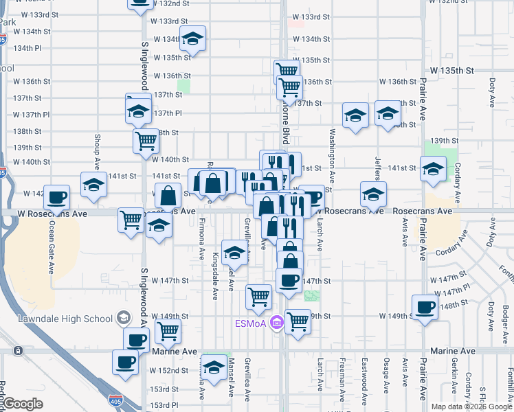 map of restaurants, bars, coffee shops, grocery stores, and more near 4470 Rosecrans Avenue in Hawthorne
