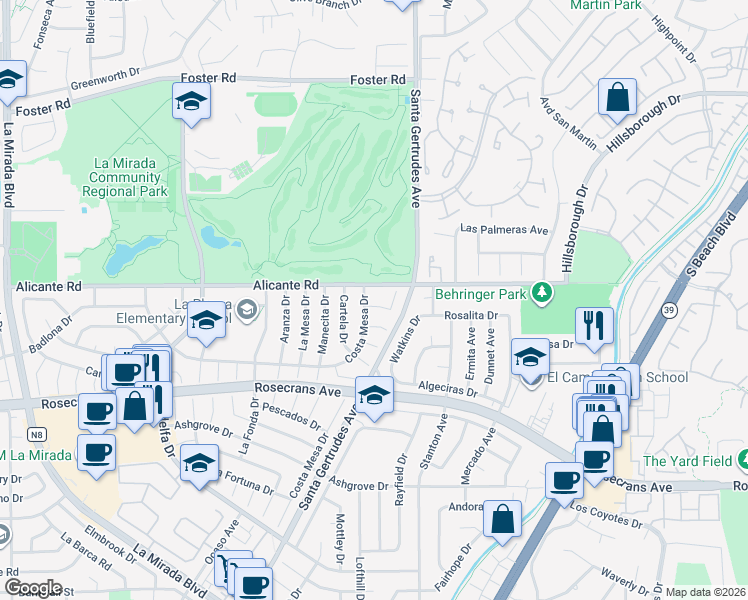 map of restaurants, bars, coffee shops, grocery stores, and more near 15713 Orsa Drive in La Mirada