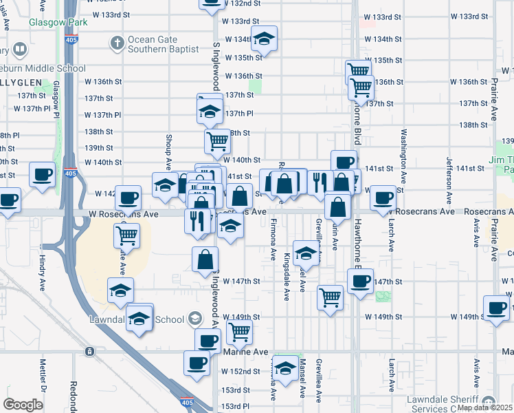 map of restaurants, bars, coffee shops, grocery stores, and more near 4654 Rosecrans Avenue in Hawthorne