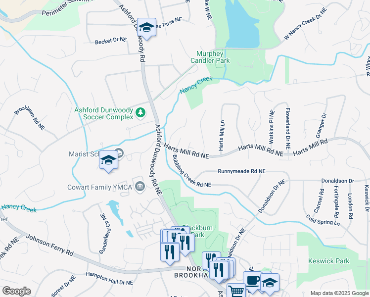 map of restaurants, bars, coffee shops, grocery stores, and more near 4022 Newhaven Circle Northeast in Atlanta