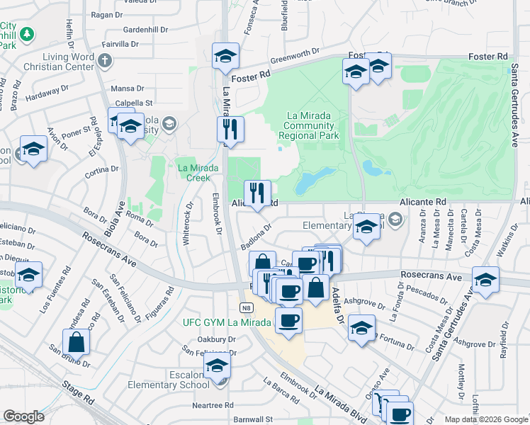 map of restaurants, bars, coffee shops, grocery stores, and more near 15053 Rosalita Drive in La Mirada