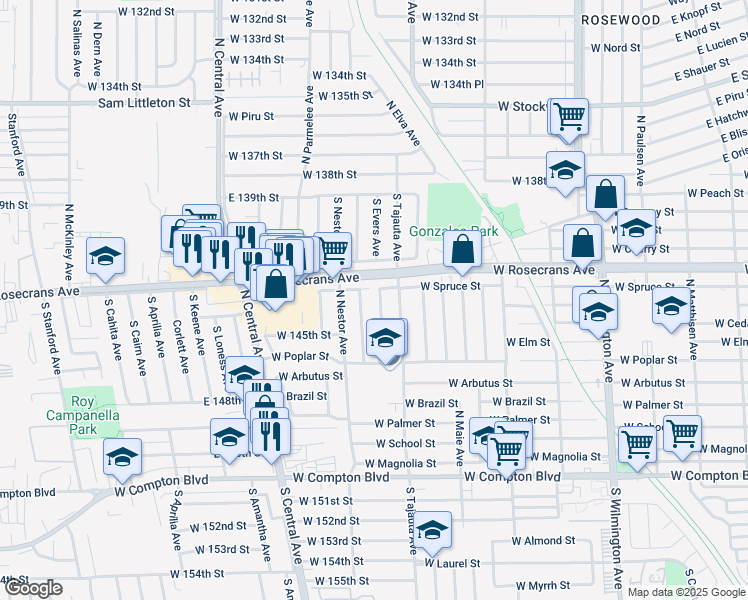 map of restaurants, bars, coffee shops, grocery stores, and more near 712 North Kalsman Avenue in Compton