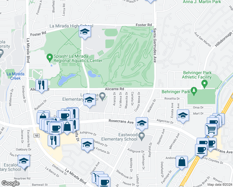 map of restaurants, bars, coffee shops, grocery stores, and more near 14314 Aranza Drive in La Mirada