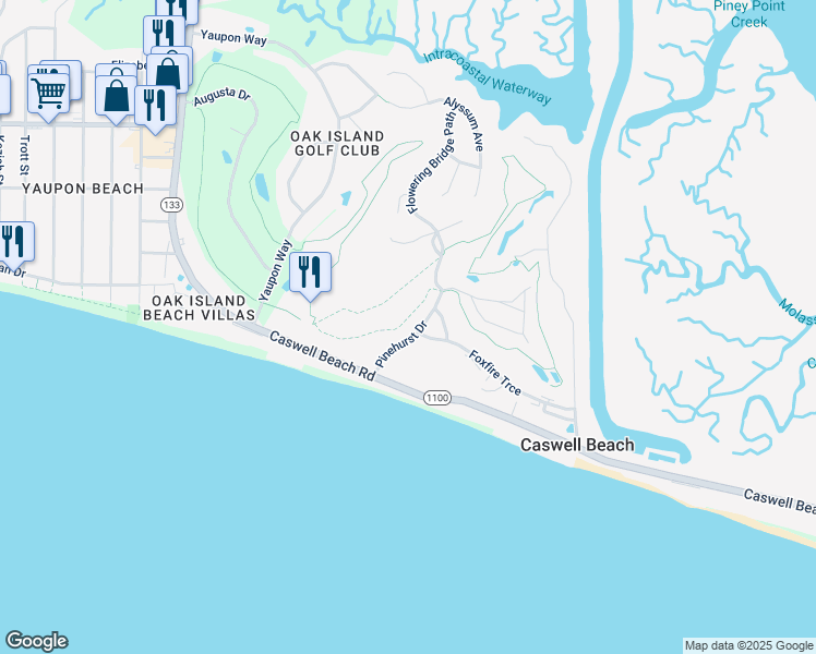 map of restaurants, bars, coffee shops, grocery stores, and more near 14 Pinehurst Drive in Caswell Beach