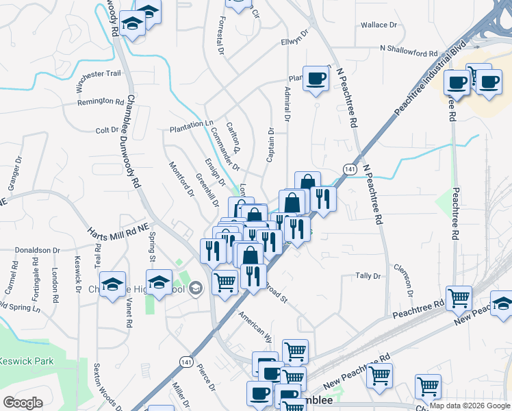 map of restaurants, bars, coffee shops, grocery stores, and more near 3715 Longview Drive in Chamblee