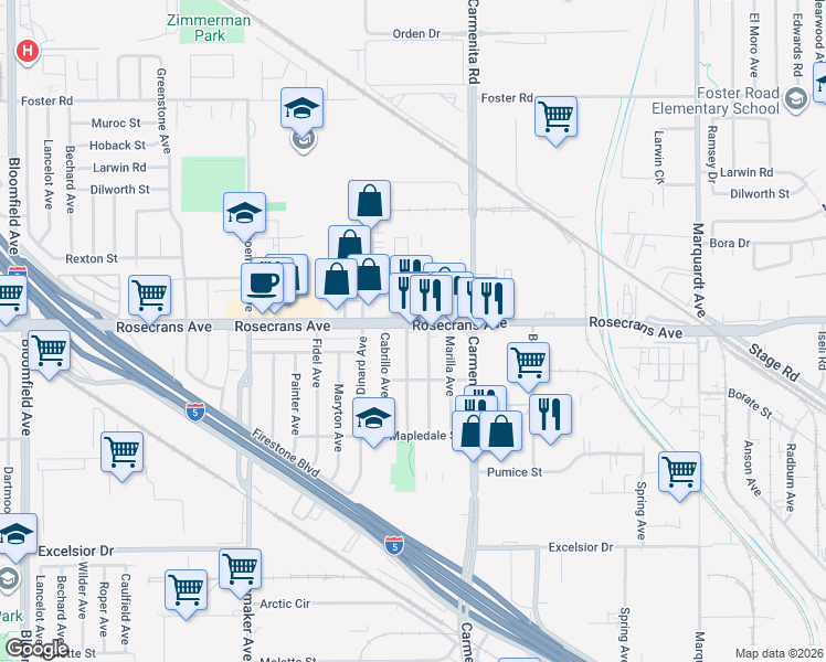 map of restaurants, bars, coffee shops, grocery stores, and more near 13226 Rosecrans Avenue in Norwalk