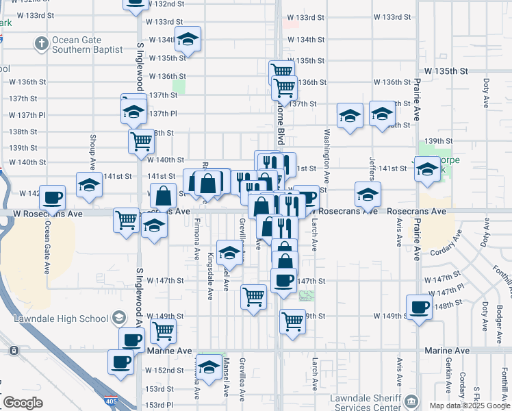 map of restaurants, bars, coffee shops, grocery stores, and more near 4451 West Rosecrans Avenue in Hawthorne